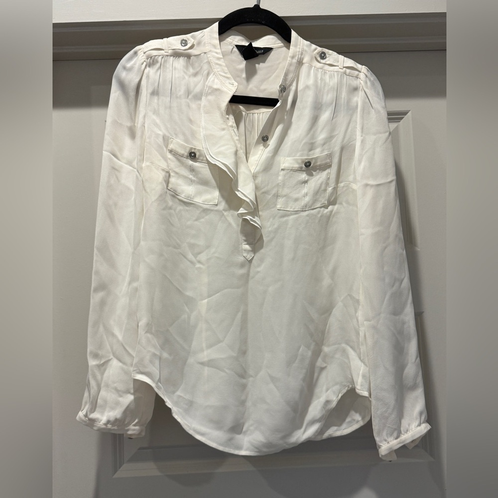 Silk White House Black Market Ivory Blouse with Button Accents